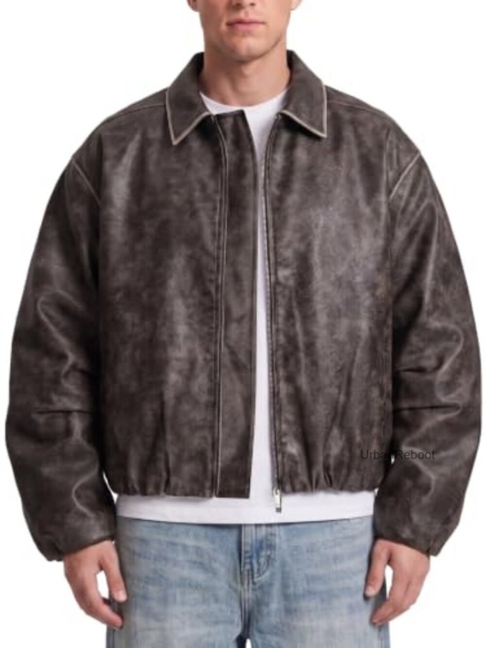 Men's Cropped Faux Leather Bomber Jacket Oversized Two-Way Zip Streetwear